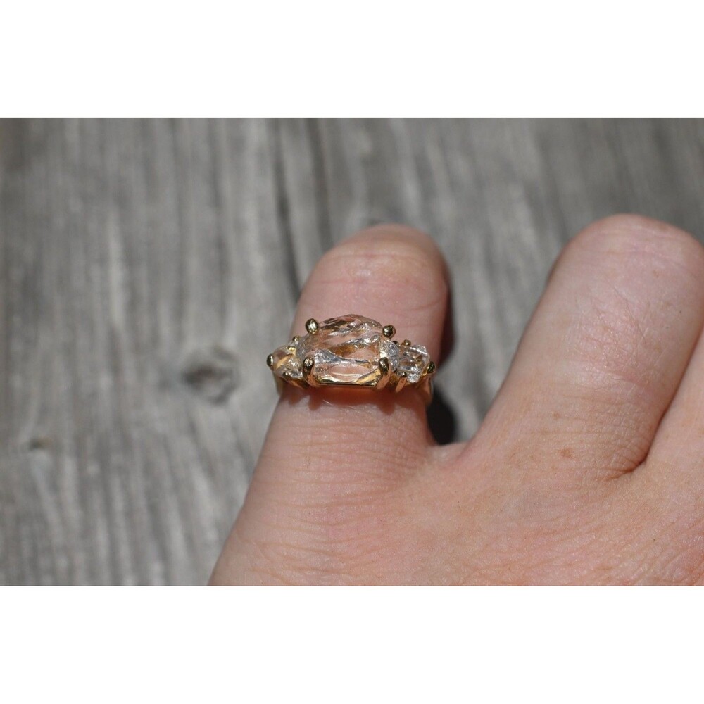 Size 5 Gold Engagement Ring, 14k Solid Gold, Three Stone Wedding Ring Rough Diam